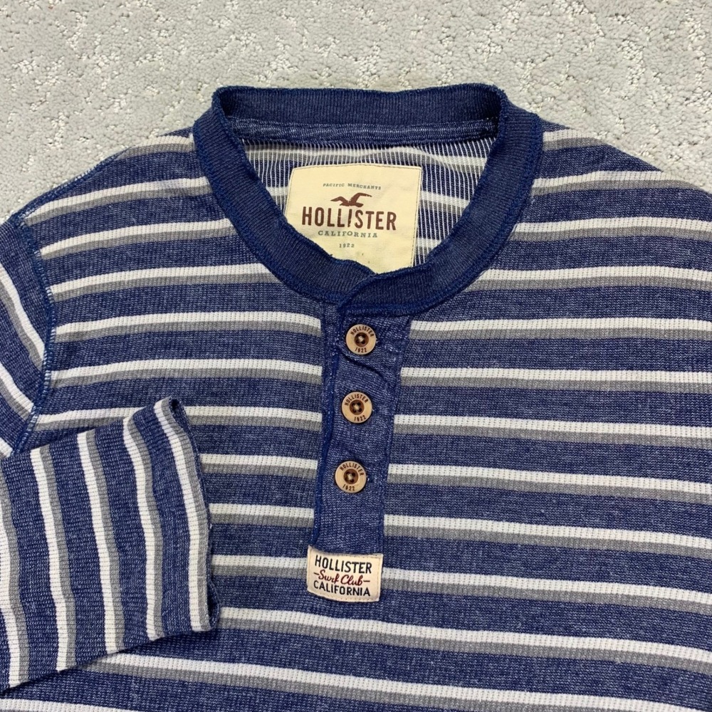Hollister Henley Shirt Womens Large Long Sleeve Striped Blue White Thermal Y2k